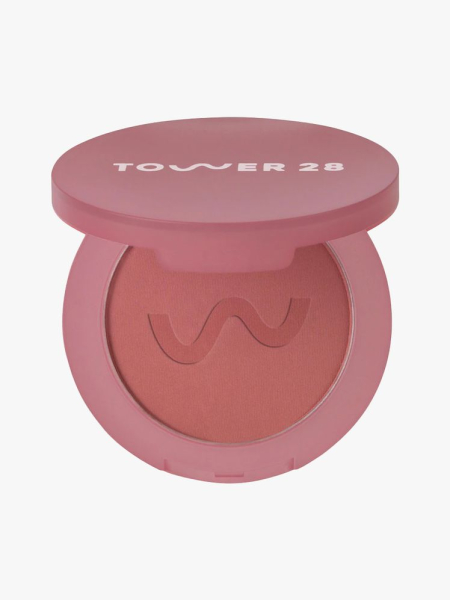 Tower 28 GetSet Blur + Set Matte Powder Blush in branded component on a light gray background