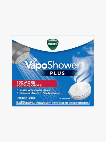 Vicks VapoShower Plus Soothing Vapors Tablets in branded component on a light gray background