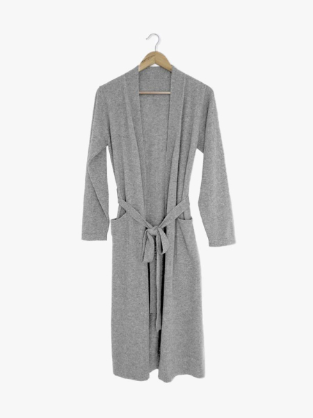 Quince Mongolian Cashmere Robe in branded component on a light gray background