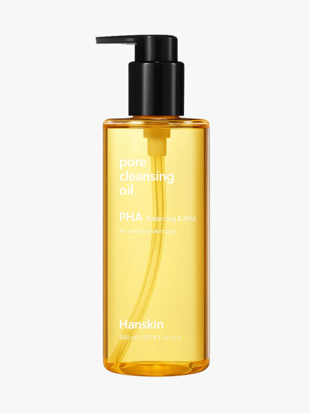 Hanskin AHA Pore Cleansing Oil with PHA in branded component on a light gray background